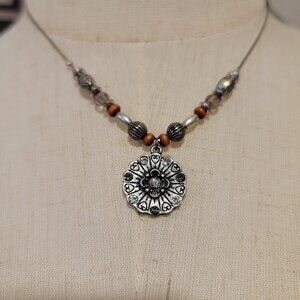 VTG Lia Sophia Necklace: Silver Pendant with Silver & Amber Beads.  Adjustable!
